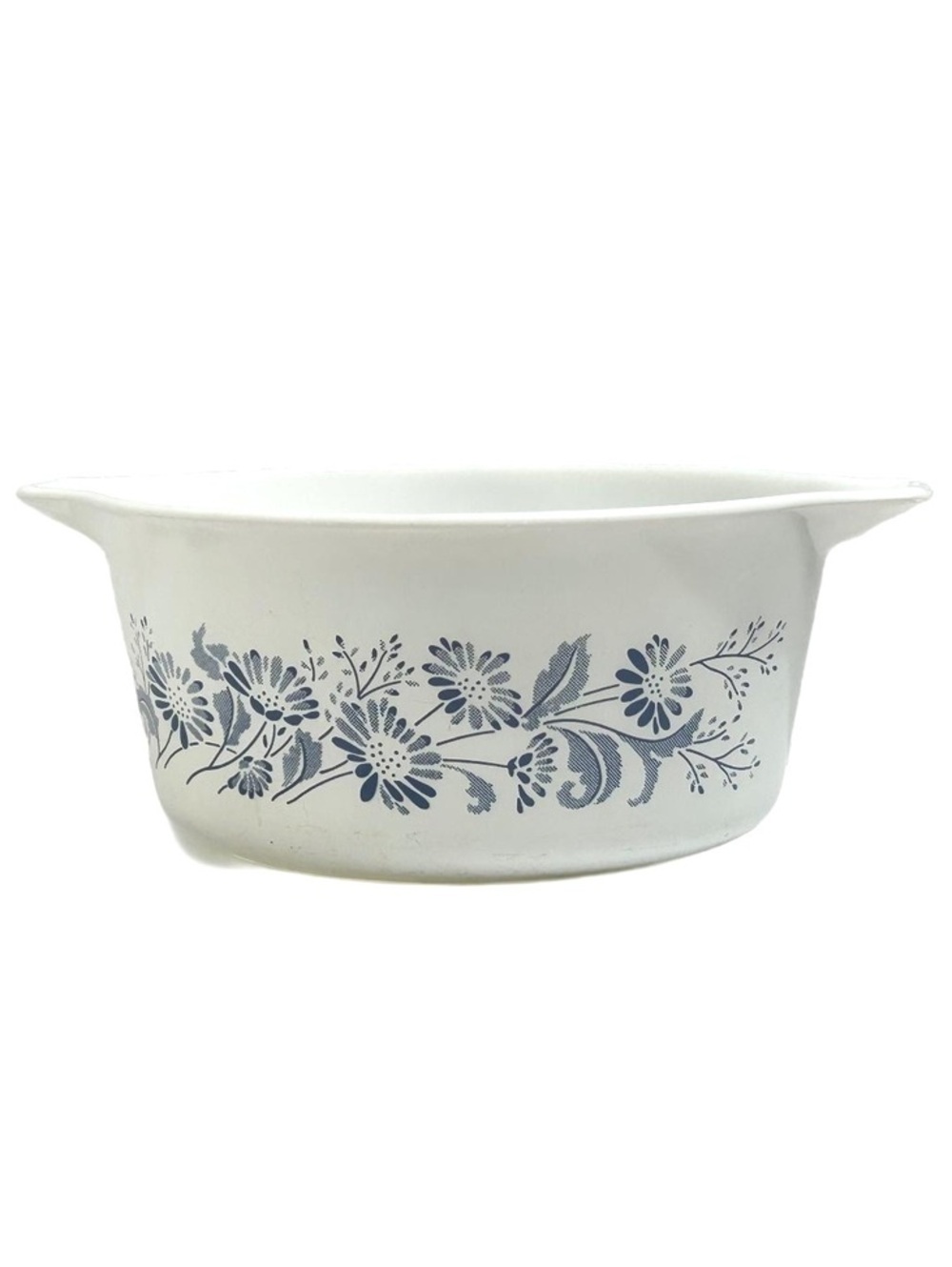 Vintage Pyrex Colonial Mist White Glass Casserole Pan with Blue Floral Pattern